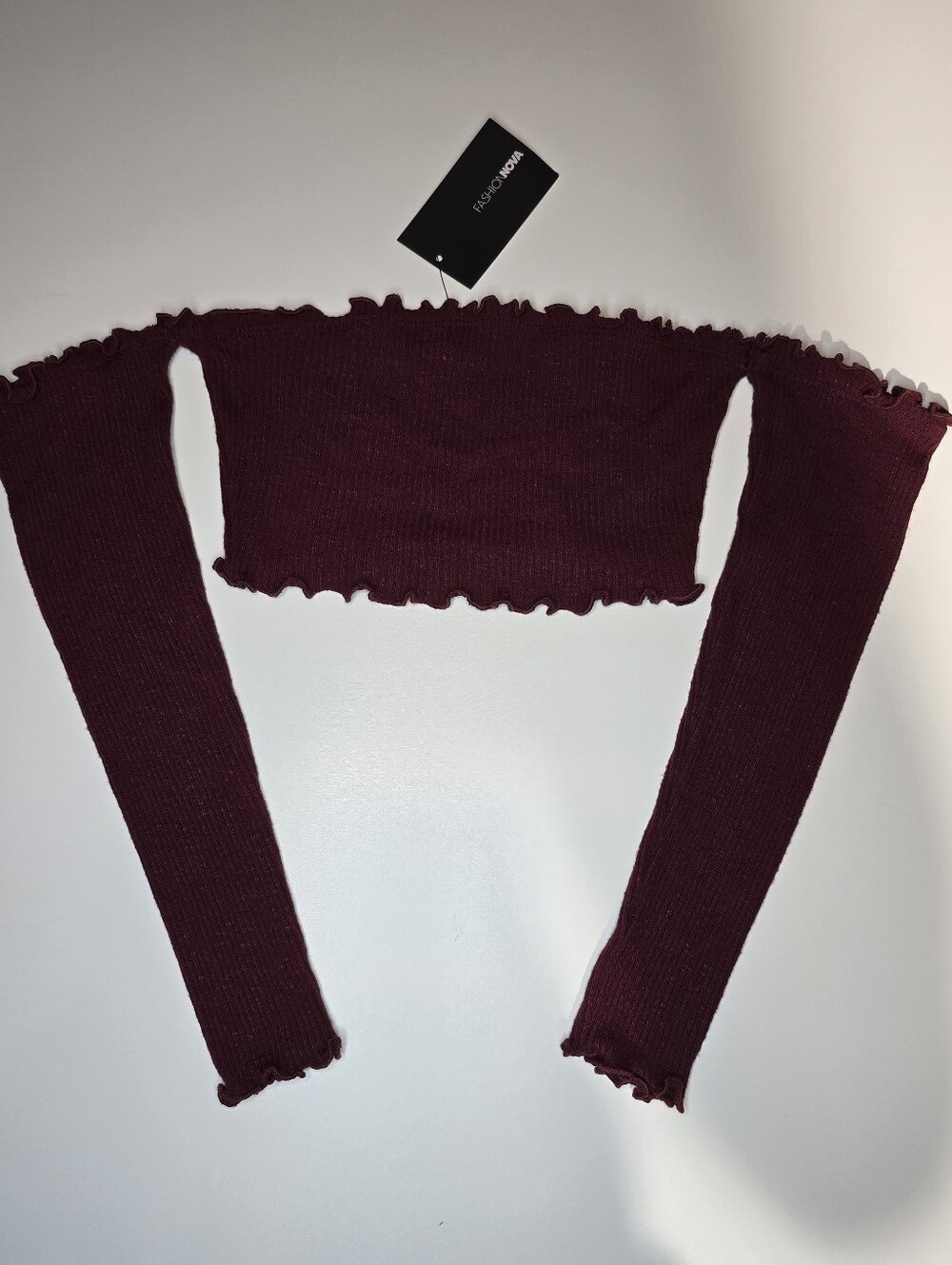 Fashion Nova Smock Or Slay Top II Burgundy Off Shoulder Ribbed Crop Top S NWT - Picture 3 of 7